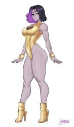 1girls boots breasts cartoon_network clothing curvy dc dc_comics female female_focus female_only forehead_jewel grey_skin half-closed_eyes high_heel_boots high_heels high_resolution huge_breasts lady_legasus legs leotard muscle muscular_female pale-skinned_female pale_skin purple_eyes purple_hair rachel_roth raven_(dc) shardanic short_hair simple_background sleeveless_leotard smile solo standing stiletto_heels tagme teen_titans teen_titans_go thick_thighs thong thong_leotard very_high_heels white_background wide_hips wrist_cuffs yellow_leotard