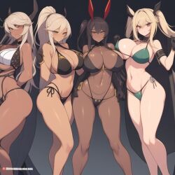 ai_generated big_breasts dark_skin multiple_girls stable_diffusion swimsuits voluptuous white_skin