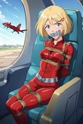 1girls ai_generated arms_tied_behind_back bell_haircut blonde_hair blue_eyes bodysuit bondage bound_legs clover_(totally_spies) femsub gag gagged looking_at_viewer rope_bondage tape_gag tied totally_spies unhappy_female