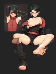 armpits arms_behind_head bare_shoulders beeeeen belt black_eyes black_jacket boruto:_naruto_next_generations boruto:_two_blue_vortex breasts choker commentary cum cum_on_body cum_on_feet disembodied_penis dual_persona elbow_gloves female forehead_protector glasses gloves headband highres jacket konohagakure_symbol korean_commentary licking_lips looking_at_viewer medium_breasts mixed-language_commentary naruto naruto_(series) nipple_piercing nipple_tag nipples off_shoulder one_breast_out open_clothes open_jacket panties panty_peek parted_lips penis piercing red-framed_eyewear sarada_uchiha sharingan shirt shoes shoes_removed short_hair short_shorts shorts single_bare_leg single_shoe steaming_body strapless strapless_shirt testicles toeless_footwear toes tongue tongue_out tube_top uchiha_sarada uchiha_symbol underwear upshorts variant_set zipper zipper_pull_tab