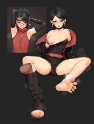 1girls armpits arms_behind_head bare_shoulders beeeeen belt black_eyes black_jacket boruto:_naruto_next_generations boruto:_two_blue_vortex breasts choker commentary cum cum_on_body cum_on_feet disembodied_penis dual_persona elbow_gloves female foot_fetish forehead_protector glasses gloves headband highres jacket konohagakure_symbol korean_commentary licking_lips looking_at_viewer medium_breasts mixed-language_commentary naruto naruto_(series) nipple_piercing nipple_tag nipples off_shoulder one_breast_out open_clothes open_jacket panties panty_peek parted_lips penis piercing red-framed_eyewear sarada_uchiha sharingan shirt shoes shoes_removed short_hair short_shorts shorts single_bare_leg single_shoe steaming_body strapless strapless_shirt testicles toeless_footwear toes tongue tongue_out tube_top uchiha_sarada uchiha_symbol underwear upshorts variant_set zipper zipper_pull_tab