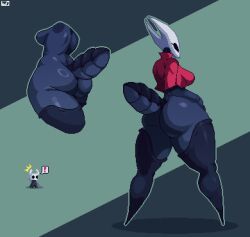 1boy 1girls ass averag3artist18 big_ass character_in_background cloak female female_focus hollow_knight hornet_(hollow_knight) huge_ass naked naked_female nude nude_female pixel_art protagonist_(hollow_knight) rear_view red_cloak solo_focus