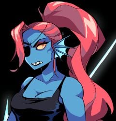 2010s 2019 _zzappyy_ anthro black_background black_tank_top blue_body blue_skin breasts cleavage eye_patch eyepatch female female_anthro female_only fish fish_girl hair holding_spear holding_weapon long_hair marine non-mammal_breasts ponytail red_hair sfw sharp_teeth simple_background slit_pupils solo solo_female spear tank_top tanktop undertale undertale_(series) undyne upper_body weapon yellow_sclera