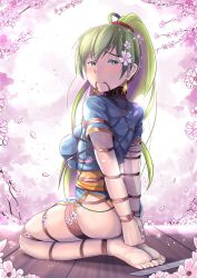 1girls arms_behind_back ass aster-effect bare_arms bare_legs barefoot big_ass bondage bound bound_ankles bound_arms bound_legs bound_toes bound_wrists breasts cherry_blossoms earrings feet female female_only femsub fire_emblem fire_emblem:_the_blazing_blade flower green_eyes green_hair hair_flower happy_sub kneeling large_breasts legs long_hair looking_at_viewer looking_back lyn_(fire_emblem) mouth_hold nintendo pelvic_curtain petals ponytail restrained rope rope_bondage short_sleeves skindentation solo sword tied_toes toe_bondage toes very_long_hair weapon