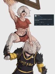 1boy 1girls abs action_scene android ballin basketball basketball_uniform blindfold cyborg jumping kneehighs kneesocks legwear meme metal_gear metal_gear_rising metal_gear_rising:_revengeance muscular muscular_female nier:_automata nier_(series) no_sex non-nude raiden_(metal_gear) short_hair sweaty text thick_thighs underboob white_hair white_knee_socks white_kneehighs yoracrab yorha_2b