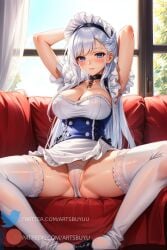 1girls ai_generated arms_behind_head arms_up artsbuyu azur_lane bangs belfast_(azur_lane) blue_eyes blush cameltoe choker crown_braid embarrassed hair_between_eyes hi_res large_breasts legwear long_hair looking_at_viewer maid maid_headdress maid_uniform panties see-through see-through_panties sitting spread_legs stable_diffusion thighhighs upskirt white_hair white_legwear white_panties white_thighhighs