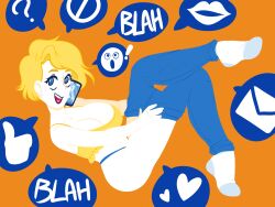 big_breasts blah_blah_blah blonde_hair blue_eyes cleavage distracted felinicanarchy flat_colors g_string highres long_legs on_the_phone panties phone phone_call pin_up pinup_art pinup_girl self_upload short_hair simple_coloring simple_shading suggestive taking_clothes_off taking_off_pants undressing