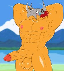 absurd_res anthro bandai_namco big_penis blush bodily_fluids digimon digimon_(species) fahrenheit_ooo flexing genitals hi_res male male_only penis solo sweat wargreymon