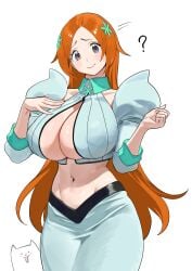 1girls bleach bleach:_the_thousand-year_blood_war blush boob_window breasts cleavage female hi_res hips huge_breasts inoue_orihime light-skinned_female light_skin long_hair navel nia4294 nia_(nia4294) orange_hair simple_background thick_thighs thighs wide_hips