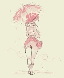 1girls adventure_time ass full_body looking_at_viewer looking_back looking_back_at_viewer miniskirt no_panties outdoors princess_bubblegum pussy rain raining skirt standing tattoo umbrella wind_lift wintonkidd