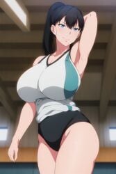 1girls ai_generated big big_breasts black_hair blue_eyes breasts light-skinned_female light_skin lokokabooster69 looking_at_viewer ponytail posing posing_for_the_viewer shuumatsu_no_harem smile smiling_at_viewer solo solo_female solo_focus toudou_akira_(shuumatsu_no_harem)