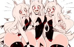 3girls big_breasts black_leotard blush bunnysuit cerberus_(helltaker) choker dog_ears female helltaker leotard red_eyes smile tagme thick_thighs thighhighs usa37107692 voluptuous white_hair wide_hips