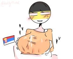 big_breasts blush boobjob bra clothed countryhumans countryhumans_girl cum cum_on_breasts curvy_female ejaculation_between_breasts hands_on_breasts heart kak0yt0_chel love paizuri russian_empire_(countryhumans) serbia_(countryhumans) titfuck titjob white_background white_body