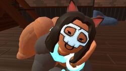 black_hair cat_ears female hand_on_face huge_breasts looking_at_viewer lying_down rec_room recroom recroom-nsfw skull_mask vr