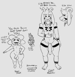 anthro asriel_dreemurr asriel_dreemurr_(god_form) balls boss_monster english_text flower flowey_the_flower furry furry_male goat male male_anthro male_only monochrome penis plant plantie roccorox simple_background testicles text undertale undertale_(series)