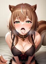 ai_generated ayunda_risu blush brown_hair cleavage cum cum_in_mouth cum_on_breasts green_eyes hololive hololive_indonesia kneeling nipples_visible_through_clothing open_mouth squirrel_ears squirrel_girl squirrel_tail stable_diffusion tongue_out virtual_youtuber