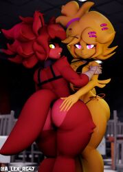 2girls 3d 3d_(artwork) a_lex_rg47 anthro anthro_only ass bandage bandaged_arm big_breasts big_butt bikini breasts cally3d chica_(cally3d) chica_(fnaf) chiku chiku_(cryptia) clazzey cryptiacurves curvy fazclaire's_nightclub female female_only fexa fexa_(cryptia) five_nights_at_freddy's fnaf foxy_(cally3d) foxy_(fnaf) freckles fredina's_nightclub furry furry_only hand_on_butt hi_res hourglass_figure looking_at_viewer red_fur scottgames slit_pupils swimwear thick_thighs voluptuous wide_hips yellow_fur