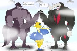 anthro ass balls big_balls big_breasts big_butt big_penis black_body blue_body bodily_fluids breasts crocodile crocodilian crocodylid electra_(riku9797) electra_the_shotstack_joltik english_text excadrill female generation_5_pokemon genital_fluids genitals group hi_res huge_breasts huge_butt huge_cock joltik male male/female muscular muscular_male nintendo penis pokemon pokemon_(species) precum reptile riku9797 scalie short_stack shower size_difference tail text trio