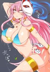 1girls alternate_costume armlet belly_button belly_dancer belly_dancer_outfit bikini bikini_top_only blue_bikini blush bouncing_breasts bracelet breasts choker cleavage collarbone covered_nipples dancer dancer_outfit dancing earrings fox_mask gold hair_between_eyes harem_outfit hata_no_kokoro jewelry large_breasts long_hair looking_at_viewer mask mask_on_head motion_lines navel navel_piercing necklace piercing pink_eyes pink_hair roki_(hirokix) sidelocks star_(symbol) star_necklace stomach sweat swimsuit thighlet thighs touhou underboob