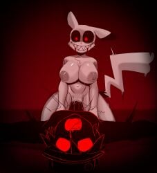 big_breasts black_background black_body black_sclera cowgirl_position creepypasta female_pikachu generation_1_pokemon grinning humanoid hypnos_lullaby jigokunsfw looking_at_viewer looking_down nightmare_waifu penis_in_pussy pikachu pokémon_(species) pokemon rape red_(pokemon) red_eyes reverse_rape rule_63 sharp_teeth uhcakip