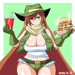 1girls brown_hair burger cleavage cola cowgirl female green_eyes heterochromia holding_food huge_breasts itini-sanshi long_hair red_eyes rozen_maiden soda solo suiseiseki thighs very_long_hair