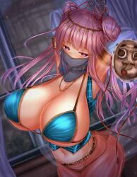 1girls arms_bound arms_up belly_button belly_dancer belly_dancer_outfit bound bound_wrists bra breasts chains cleavage dancer dancer_outfit detached_sleeves double_bun hair_bun harem_outfit hata_no_kokoro huge_breasts hyottoko_mask jewelry large_breasts mask navel necklace pink_hair purple_eyes shounen_(hogehoge) touhou underboob underwear veil