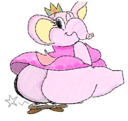 1girls anthro ass ass_focus ass_squish blue_eyes butt_crush choucreamdream crown dress dress_lift elephant elephant_peach goomba huge_ass mario_(series) nintendo pink_dress pink_skin princess_peach squished super_mario_bros._wonder wink