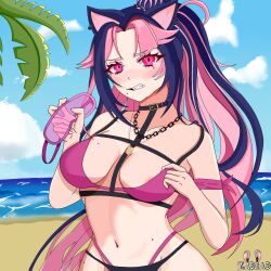 1girls angry animal_ears beach bikini blue_hair blush clouds day female_only highres latam_virtual_youtuber long_hair looking_at_viewer mole ocean palm_tree pink_eyes pink_hair ponytail shura_hiwa summer two_tone_hair virtual_youtuber vjin vtuber vtuberfanart