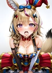 ai_generated blonde_hair blush cleavage cum cum_in_mouth cum_on_breasts fox_ears fox_tail hololive kneeling omaru_polka open_mouth purple_eyes stable_diffusion tongue_out virtual_youtuber