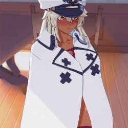 1girls abs alternate_breast_size amplected animated areolae big_breasts breasts brown_skin curvy dark-skinned_female dark_skin female female_only flashing gif guilty_gear large_breasts looking_at_viewer ramlethal_valentine solo thick_thighs white_hair