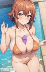 ai_generated big_breasts big_nipples bikini blush brown_eyes brown_hair curvy_figure dildo fickjay925 huge_breasts kotegawa_chisa large_breasts looking_at_viewer paizuri skindentation smiling_at_viewer