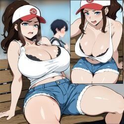 1girls absurd_res aged_up ai_generated blue_eyes booty_shorts breasts brown_hair female game_freak hat hilda_(pokemon) huge_breasts kisou large_breasts light-skinned_female light_skin long_hair nintendo pokemon pokemon_bw short_shorts shorts tank_top textless thick_thighs wide_hips