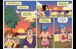 3girls 5boys bikini bikini_(dragon_ball) blue_hair bulma bulma_(dragon_ball) bulma_briefs comic dragon_ball dragon_ball_super dragon_ball_z drinking funsexydragonball hat panchy panchy_(dragon_ball) part_1 red_bikini sitting son_goten sunset trunks_(dragon_ball) trunks_briefs vegeta yellow_bikini