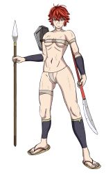 1girls ass_visible_through_thighs bare_legs bare_shoulders breasts collarbone dual_wielding female female_only fire_emblem fire_emblem_fates grey_panties hinoka_(fire_emblem) legs looking_at_viewer naginata nintendo okawari_muryou orange_eyes panties red_hair revealing_clothes scar shield short_hair shoulders small_breasts solo spear tawarana_tawawa underwear weapon white_background