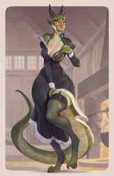 anthro argonian argonian_female big_breasts bonifasko feet female female_focus female_only green_skin horns legwear lizard looking_at_viewer lusty_argonian_maid maid maid_uniform scalie sweat tail thick_thighs topwear_aside