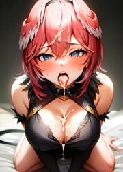 ai_generated blue_eyes blush cleavage cum cum_in_mouth cum_on_breasts cum_on_hair hair_wings hololive holox kneeling large_breasts open_mouth pink_hair short_hair stable_diffusion takane_lui tongue_out virtual_youtuber