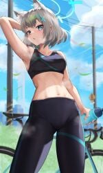 1girls abydos_high_school_student arm_up armpits athletic athletic_female belly belly_button blue_archive blue_eyes blush grey_hair halo heavy_breathing hi_res jixo_(user_nzhc8728) leggings looking_at_viewer medium_breasts medium_hair navel one_arm_up outdoors outside panting raised_arm shiroko_(blue_archive) sports_bra sportswear steam steaming_body steamy_breath stomach sweat sweating sweaty sweaty_body thick_thighs thighs visible_breath wolf_ears wolf_girl