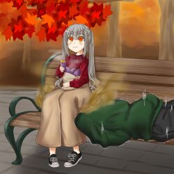 autumn bench black_jeans blush chewing colored eating fart fart_cloud fart_fetish fart_torture farting farting_in_face farting_on_face farts full_mouth green_sweater leafs looking_up mouth_full orange_eyes original_character red_sweater shinzanmono_(shinzanmono108) shoes silver_hair skirt smile sweet_potato tree twintails