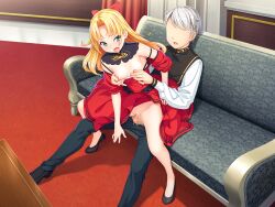 1boy 1girls black_footwear blonde_hair blue_eyes blush bow breasts censored clothes_lift clothes_pull couch detached_collar dress dress_lift dress_pull faceless_male female grey_hair hairbow highres indoors ino_(magloid) light-skinned_female light-skinned_male light_skin long_hair long_sleeves mosaic_censoring nipple_tweak no_eyes non-web_source open_mouth original red_bow red_dress reverse_upright_straddle sex sitting small_breasts straight vaginal_penetration vest