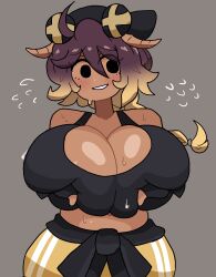 1girls big_breasts blush cleavage dark-skinned_female doodle gloves gradient_hair holding_breasts horns multicolored_hair notnoe_(dxcl) oc original_character pants request solo solo_female sweat tank_top