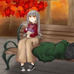 autumn bench black_jeans blush chewing colored eating full_mouth green_sweater leafs looking_up mouth_full orange_eyes original_character red_sweater shinzanmono_(shinzanmono108) shoes silver_hair skirt smile sweet_potato tree twintails