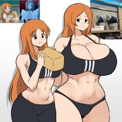 bleach bleach:_the_thousand-year_blood_war dual_persona eating ichigo_kurosaki inoue_orihime large_breasts medium_support_(meme) meme miruyuyo yasutora_sado