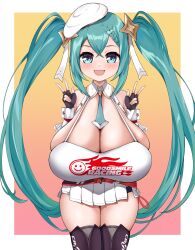 1girls alternate_breast_size alternate_costume beret big_breasts blush breasts cleavage clothed clothing cyan_eyes cyan_hair female female_only fingerless_gloves gigantic_breasts gloves goodsmile_racing happy hat hatsune_miku huge_breasts large_breasts light-skinned_female light_skin looking_at_viewer open_mouth racing_miku sayo_ayato solo thick_thighs twintails very_long_hair vocaloid