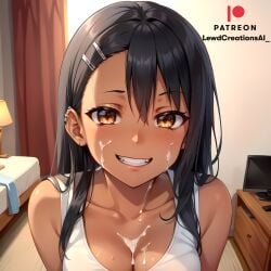 1girls ai_generated blush bukkake cleavage cum cum_on_breasts cum_on_face cumshot ear_piercing earrings facial female_only from_above hair hair_clips hairclip hayase_nagatoro indoors lewdcreationsai looking_at_viewer petite please_don't_bully_me,_nagatoro pleasure_face small_breasts smile smirk solo