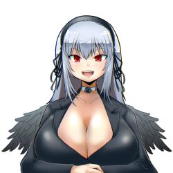 1girls alternate_breast_size alternate_costume cleavage female front_view huge_breasts itini-sanshi long_hair rozen_maiden silver_hair solo suigintou tight_clothing wings