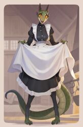 anthro argonian argonian_female big_breasts bonifasko feet female female_focus female_only green_skin horns legwear lizard looking_at_viewer lusty_argonian_maid maid maid_uniform scalie tail