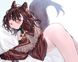 1girls animal_ears arknights blush bottomless brown_hair female female_only kochiya_(gothope) light-skinned_female light_skin looking_at_viewer lunacub_(arknights) no_panties solo tail wolf_ears wolf_girl wolf_tail yellow_eyes