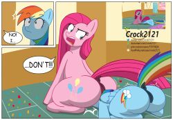 2girls animal_pussy big_butt crock2121 crock21211 deviantart_url english_text equine_anus equine_pussy feral furry my_little_pony pinkie_pie_(mlp) rainbow_dash_(mlp) text twitter_link url yuri