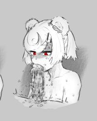 1boy animal_ears arknights bear_ears breasts cleavage collarbone completely_nude erection fangs fellatio female glansjob gummy_(arknights) highres licking licking_penis long_tongue looking_down motion_lines noneka nude oral partially_colored penis red_eyes saliva saliva_on_penis saliva_trail shaded_face short_hair smile spot_color tongue very_long_tongue water_drop