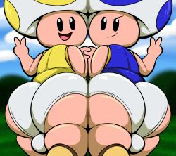 2boys absurd_res anthro ass big_butt blue_toad bulge bumping clothing duo elemental_creature elemental_humanoid femboy fungi_fauna fungi_humanoid fungus gay gesture hi_res humanoid looking_back male male/male male_only mario_(series) mushroom mushroom_humanoid nintendo outdoors outside smile smiling_at_viewer super_mario_bros. tepigfan101 toad_(mario) underwear v_sign yellow_toad